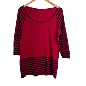 Norma Kamali Tunic Top Womens XL Red Black Stripe 100% Organic Cotton 3/4 Sleeve